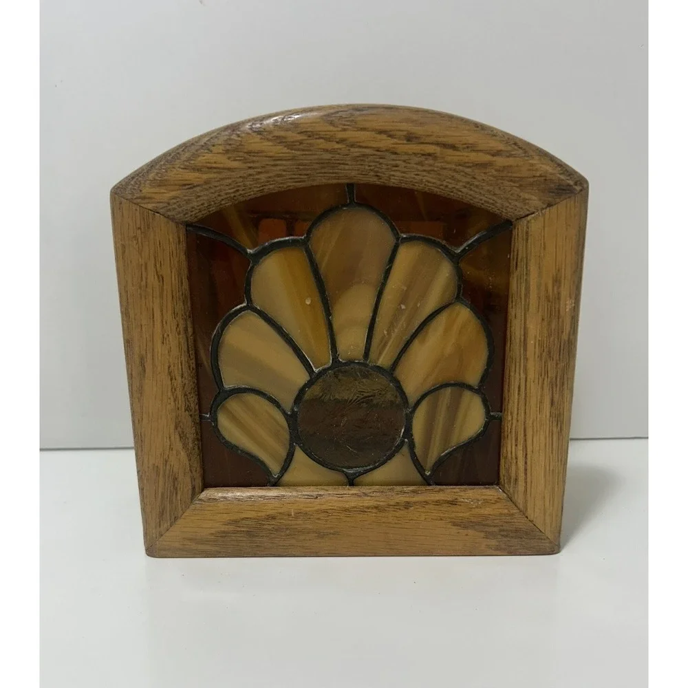 Vintage Wooden Wood Napkin Holder Brown Stained Glass Kitchen Decor